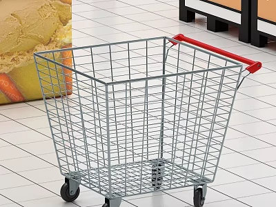 Red Handle Metal Shopping Cart With Wheels For Hardware Tools Transport 3d model