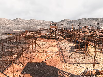 Desert Military Base With Barbed Wire Fences Watchtower Tents Vehicles And Mountain Backdrop 3d model