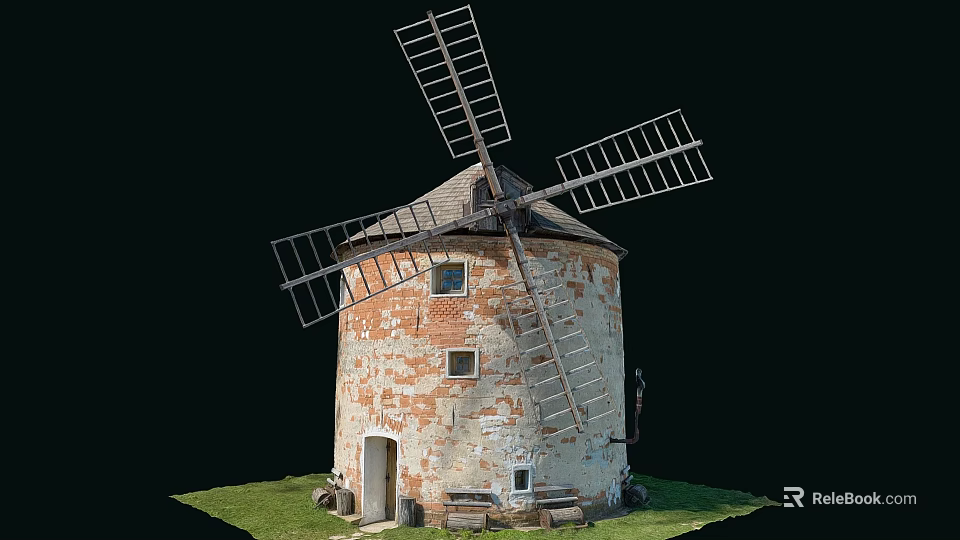 Old Brick Windmill Tower With Weathered Walls Wooden Blades And Grass Area 3d model 