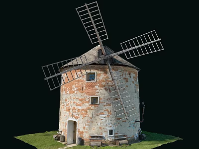 Old Brick Windmill Tower With Weathered Walls Wooden Blades And Grass Area 3d model