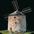 Old Brick Windmill Tower With Weathered Walls Wooden Blades And Grass Area