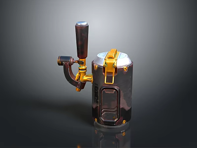 Vintage Industrial Weapon With Metal Construction Wooden Handle And Gold Accents 3d model