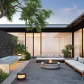 Modern Outdoor Garden Design With Sofa Fire Pit Water Feature And Green Plants