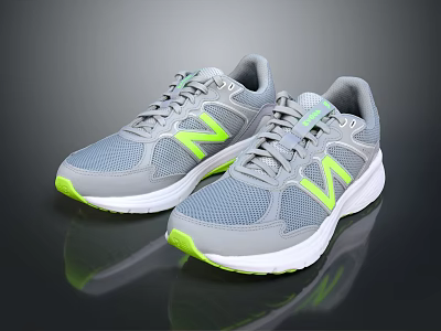 Gray Athletic Running Shoes With Neon Green Accents Mesh Upper And White Sole 3d model