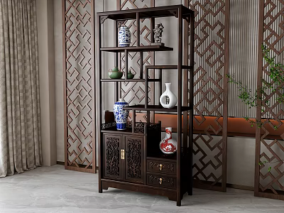 Traditional Chinese Wooden Antique Shelf with Ceramic Vases and Decorative Items in Classic Interior 3d model