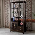 Traditional Chinese Wooden Antique Shelf with Ceramic Vases and Decorative Items in Classic Interior