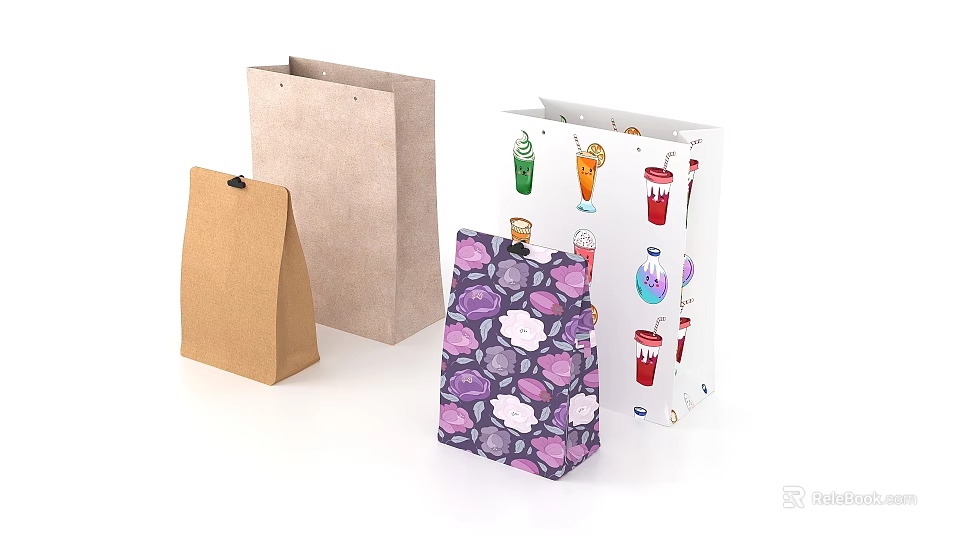 Various Colored Paper Bags With Different Designs And Beverage Illustrations 3d model 
