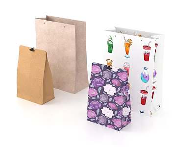 Various Colored Paper Bags With Different Designs And Beverage Illustrations 3d model