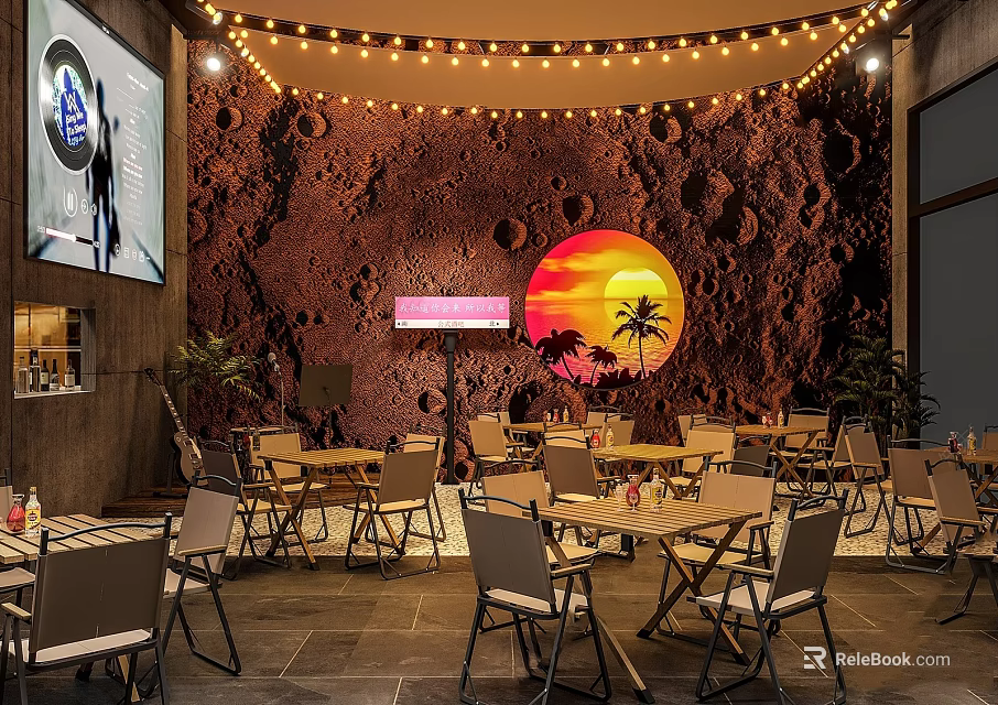 Bar Interior With Moon Surface Wall Sunset Palm Trees String Lights Tables And Large Screen 3d model 