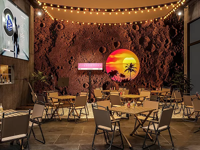 Bar Interior With Moon Surface Wall Sunset Palm Trees String Lights Tables And Large Screen 3d model