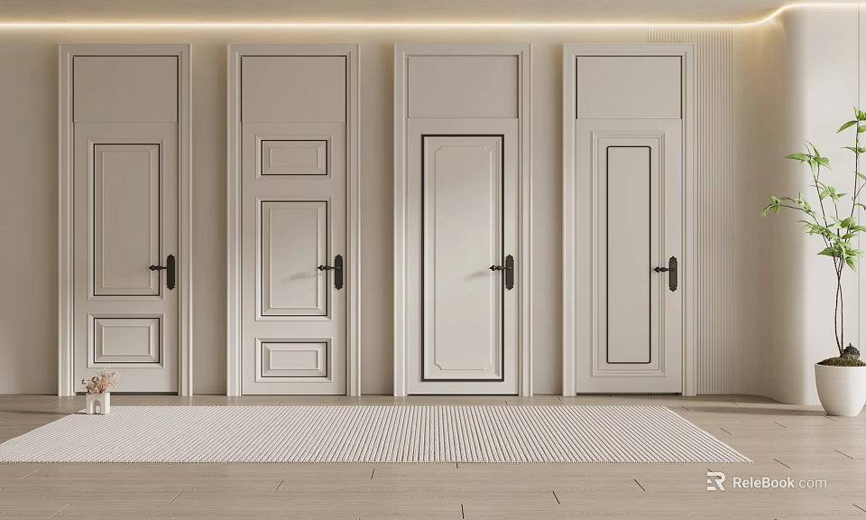 Modern White Interior Swing Doors With Various Designs And Sleek Door Handles 3d model 