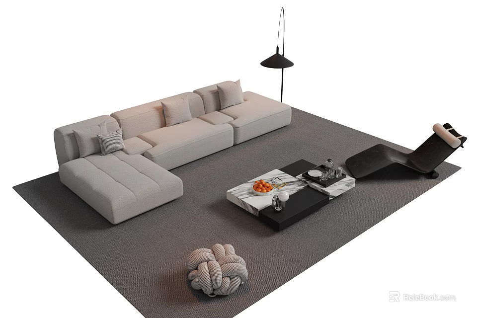 Gray L Shaped Sofa Coffee Table Set With Marble Top And Floor Lamp 3d model