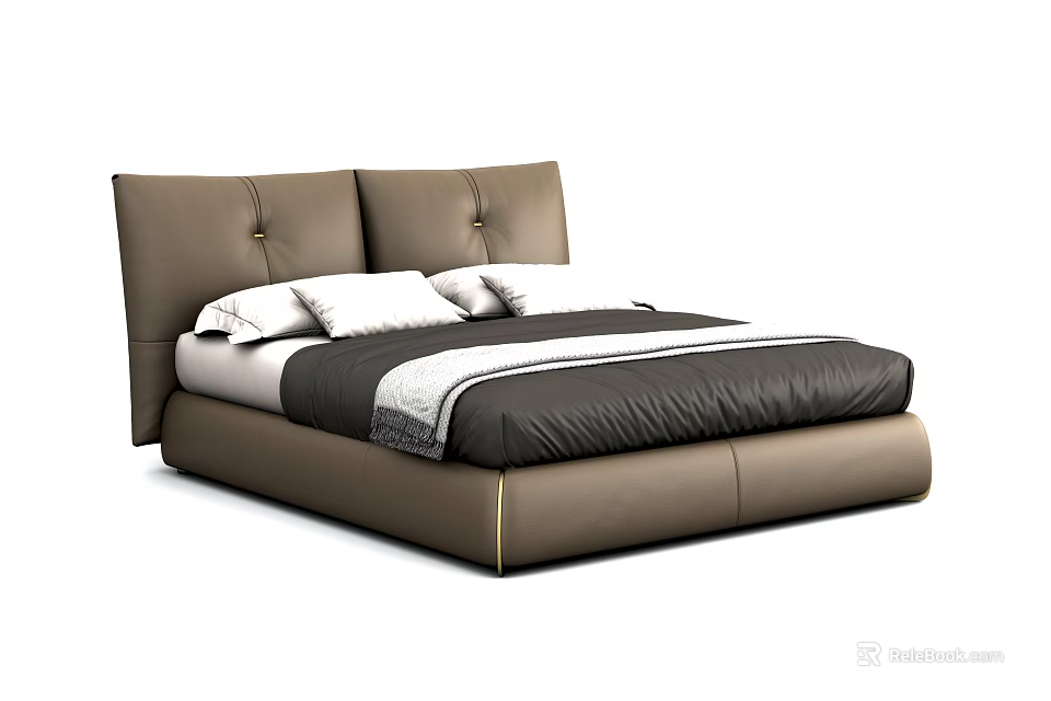 Modern Double Bed With Tufted Leather Headboard And Black White Bedding 3d model 