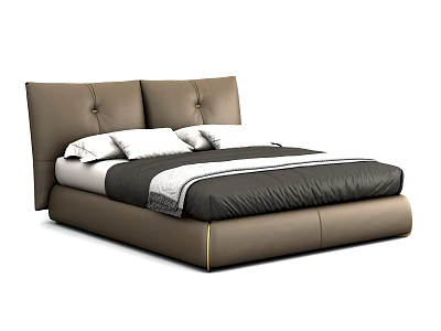 Modern Double Bed With Tufted Leather Headboard And Black White Bedding 3d model