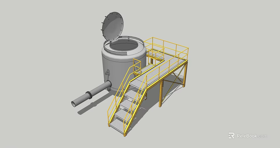 Industrial Equipment With Cylindrical Tank Yellow Metal Stairs Platform Top Opening Lid And Connecting Pipe 3d model 