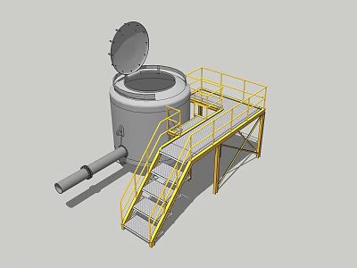 Industrial Equipment With Cylindrical Tank Yellow Metal Stairs Platform Top Opening Lid And Connecting Pipe 3d model