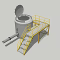 Industrial Equipment With Cylindrical Tank Yellow Metal Stairs Platform Top Opening Lid And Connecting Pipe