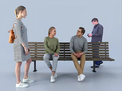 Group of People Interacting on a Bench with Some Sitting and Standing 3d model