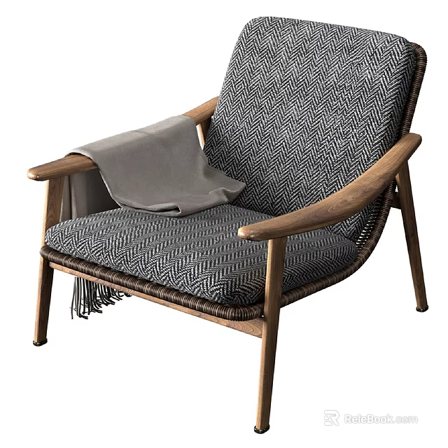 Herringbone Pattern Woven Lounge Chair In Gray With Wooden Frame And Throw Blanket Tassels 3d model 