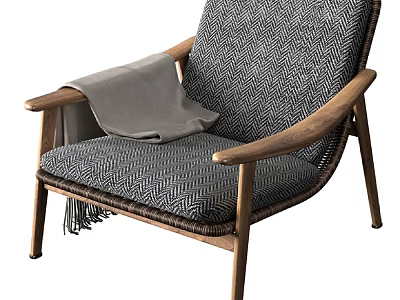 Herringbone Pattern Woven Lounge Chair In Gray With Wooden Frame And Throw Blanket Tassels 3d model