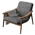 Herringbone Pattern Woven Lounge Chair In Gray With Wooden Frame And Throw Blanket Tassels