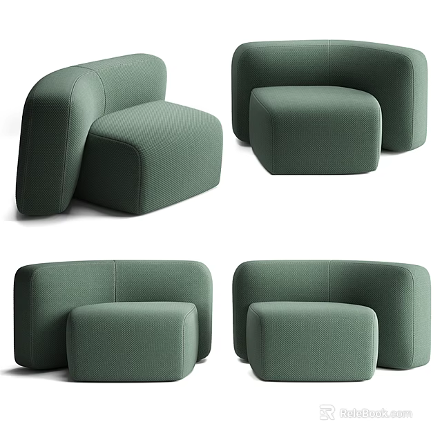 Modern Green Single Sofa With Stylish Minimalist Design And Ottoman Shown In Multiple Angles 3d model 