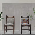 Stylish Dining Chairs With Checkered And Floral Cushions Wooden Frame And Green Plants