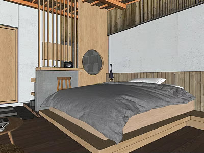 Minimalist Japanese Hotel Guest Room With Wooden Platform Bed Bamboo Partition And Round Mirror 3d model