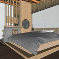 Minimalist Japanese Hotel Guest Room With Wooden Platform Bed Bamboo Partition And Round Mirror