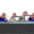 Park Pergola With Orange Curved Structure Surrounded By Green Trees And Paved Ground