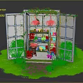 Charming Cartoon Scene With Old Window Frame Vines Potted Plants Green Grass And Stone Path