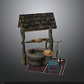 Vintage Well Structure Scene Featuring Wooden Frame Tile Roof Side Chair And Colorful Mats