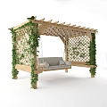 Wooden Pergola Play Equipment With Hanging Swing Side Benches And Green Vines