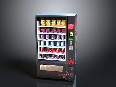 Black Vending Machine With Colorful Beverage Cans On Multiple Shelves And Product 3d model