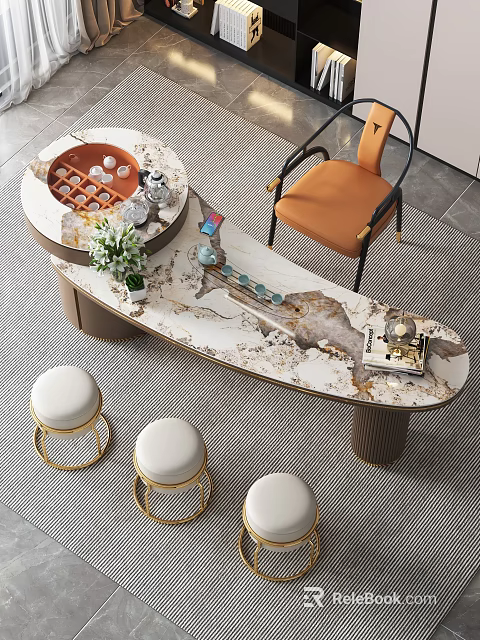 Luxury Modern Marble Tea Table and Chairs with Golden Accents Orange Chair and White Stools 3d model 