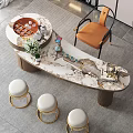 Luxury Modern Marble Tea Table and Chairs with Golden Accents Orange Chair and White Stools
