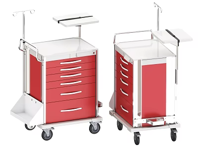 Red and White Medical Carts With Multiple Drawers Wheels Top Trays and Hooks 3d model
