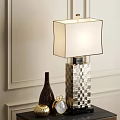 Elegant Modern Table Lamp With Silver Square Textured Base And White Lampshade On Bedside Table 3d model
