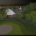Amusement Park with Green Hills Colorful Buildings White Tent Structure Trees and Paths at Sunset