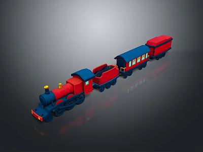 Red And Blue Train Model With Multiple Carriages Yellow Headlights And Shiny Wheels 3d model