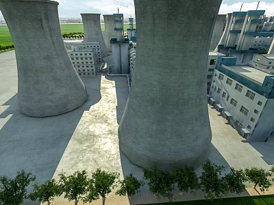 Industrial Plant Exterior Featuring Tall Concrete Cooling Towers And Surrounding Buildings 3d model