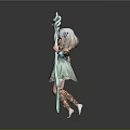 Woman With White Hair Green Eyes In Light Green Dress Holding Green Staff
