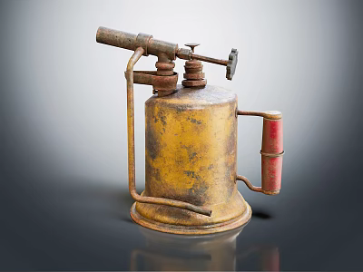 Vintage Weapon Metal Blowtorch Featuring Rustic Yellow Red Handle And Antique Nozzle Design 3d model