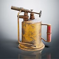 Vintage Weapon Metal Blowtorch Featuring Rustic Yellow Red Handle And Antique Nozzle Design
