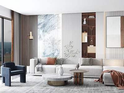 Modern Living Room With Beige Sofa Blue Armchair Marble Accent Wall And Wooden Bookshelf 3d model