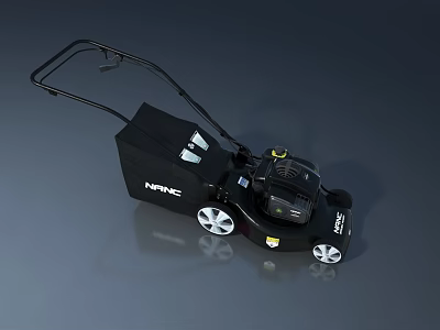 NPC Black Lawn Mower With White Wheels And Grass Collection Bag 3d model