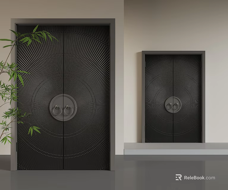 Black Security Doors With Intricate Patterns And Circular Knockers In Modern Interior 3d model