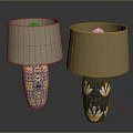 Ornate Table Lamps With Beige And Brown Shades And Blue Black Bases With Gold Accents