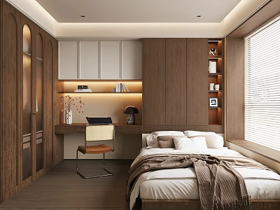 Modern Tatami Bedroom Interior Design With Wooden Cabinets Desk And Window 3d model