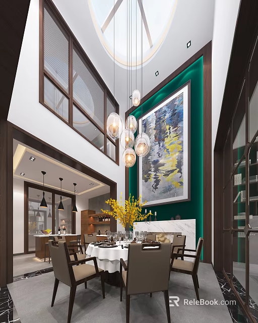 Elegant Restaurant Interior With Hanging Chandeliers Dining Table Large Artwork Yellow Flowers And Green Wall 3d model 